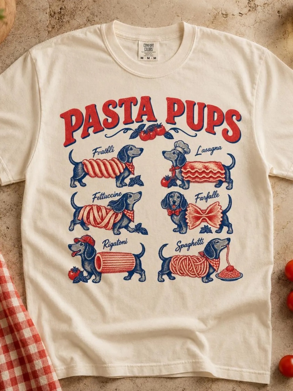 Comfort Colors Pasta Pups Tee - Ivory with Red & Blue
